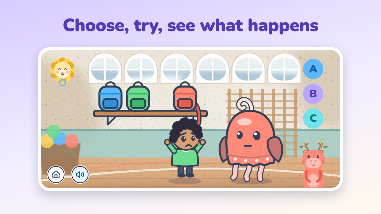 A Wenina activity: a drawn scene with three answers, A, B and C, and Cora beside it