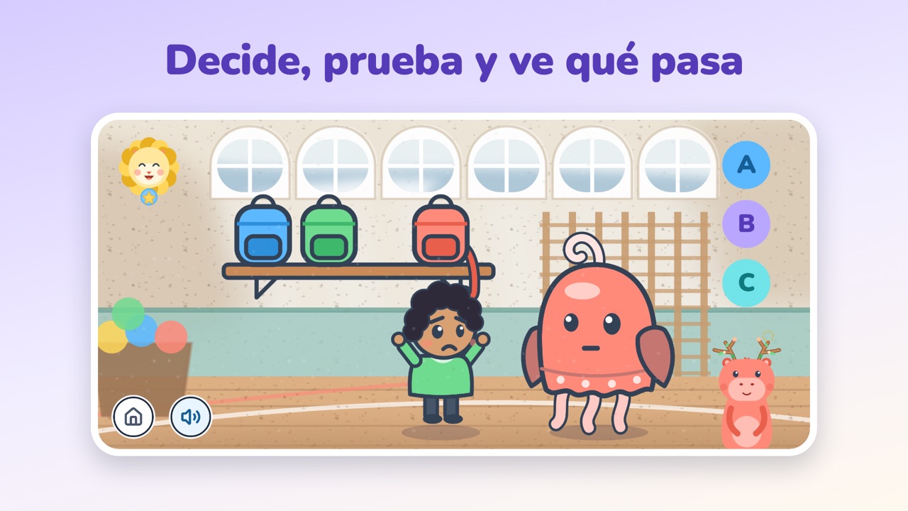 Una actividad de Wenina: una escena dibujada con tres respuestas, A, B y C, y Cora al lado