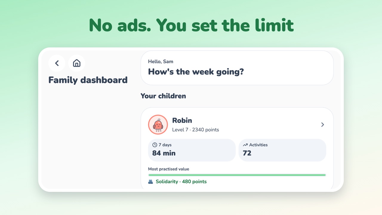 The family dashboard: each child with their level, this week's playing time and the value they have practised most