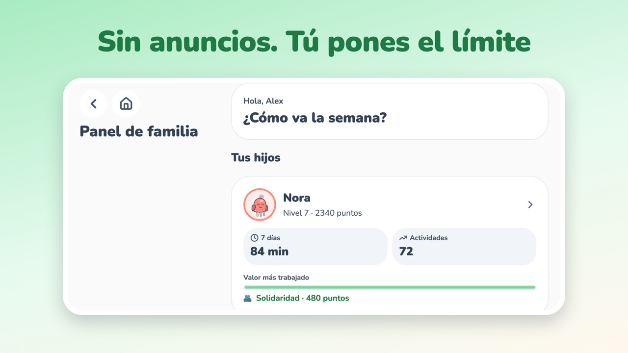El panel de familia: cada hijo con su nivel, el tiempo de juego de la semana y el valor que más ha trabajado